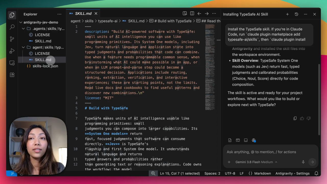 Antigravity IDE mở SKILL.md của TypeSafe, khung Agent báo skill đã sẵn sàng