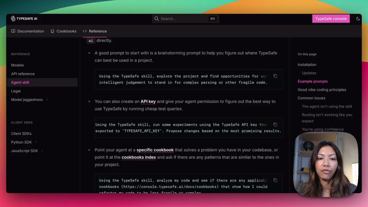 Mục Example prompts trong tài liệu TypeSafe với ba prompt mẫu