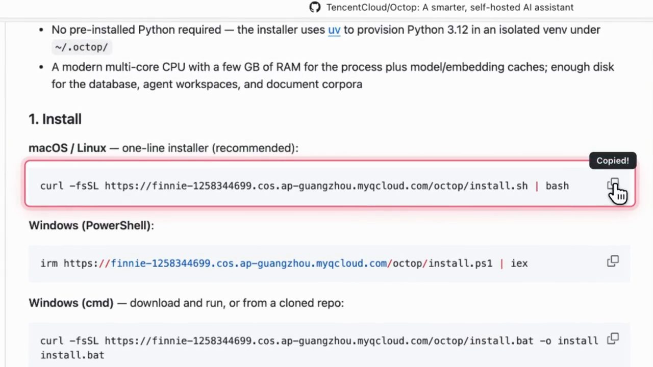 README của Octop, mục 1. Install với lệnh curl cho macOS / Linux được khoanh đỏ và nhãn Copied!