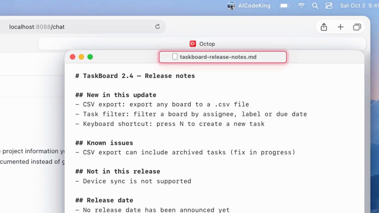 File taskboard-release-notes.md mở trên màn hình với các mục New in this update, Known issues, Not in this release, Release date