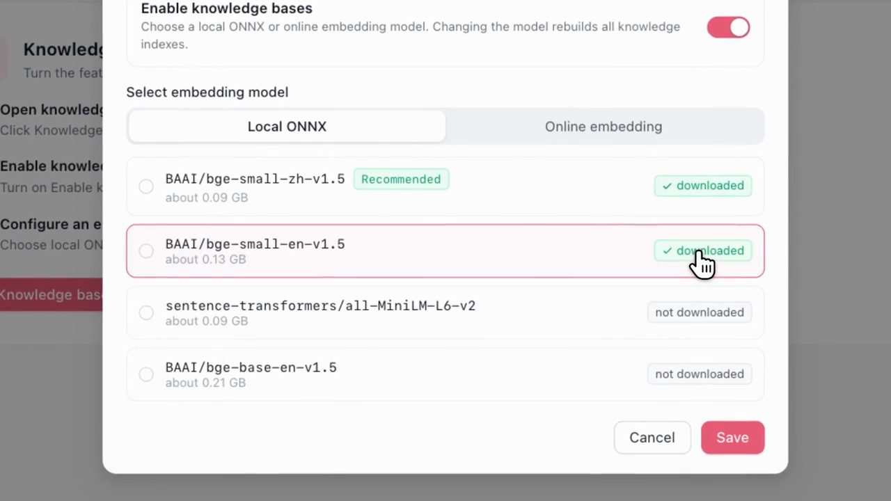 Hộp thoại Enable knowledge bases, tab Local ONNX với danh sách embedding model, BAAI/bge-small-en-v1.5 được khoanh, trạng thái downloaded
