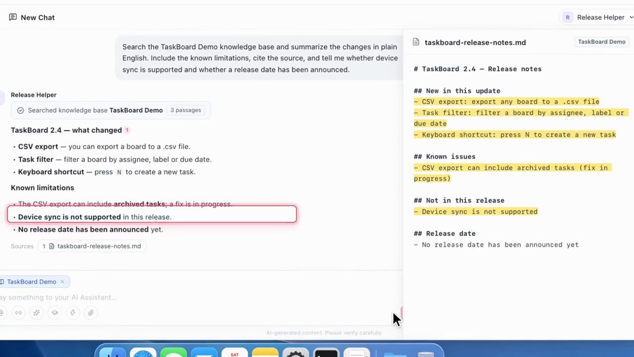 Câu trả lời của Release Helper bên trái, file release notes được highlight bên phải, dòng Device sync is not supported được khoanh
