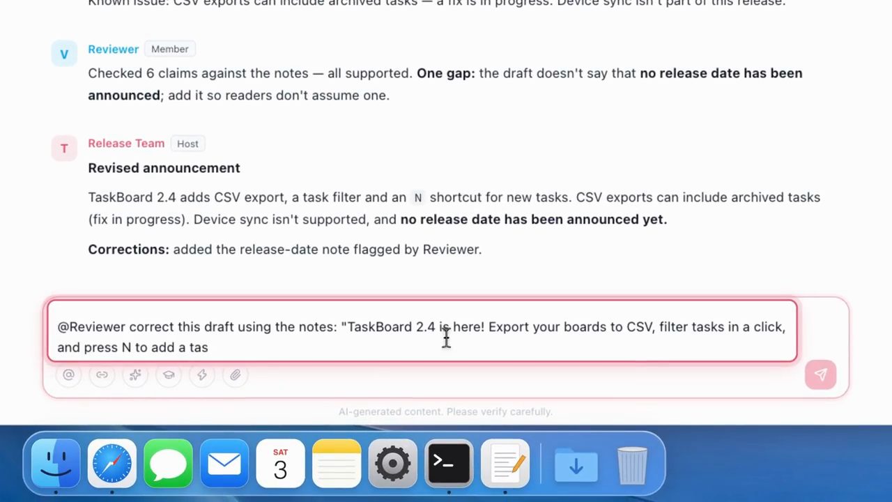 Hội thoại của team: Reviewer báo kiểm 6 claim, một thiếu sót về ngày release; Release Team đưa Revised announcement và Corrections