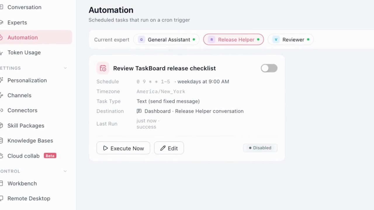 Trang Automation: thẻ Review TaskBoard release checklist với Last Run just now success, nút Execute Now, trạng thái Disabled
