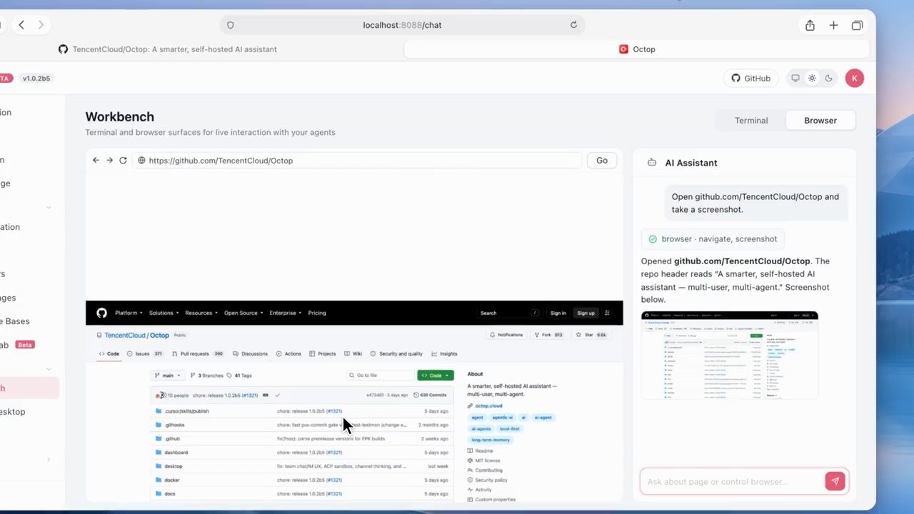 Workbench của Octop, tab Browser mở github.com/TencentCloud/Octop, khung AI Assistant bên phải báo đã mở trang và chụp screenshot