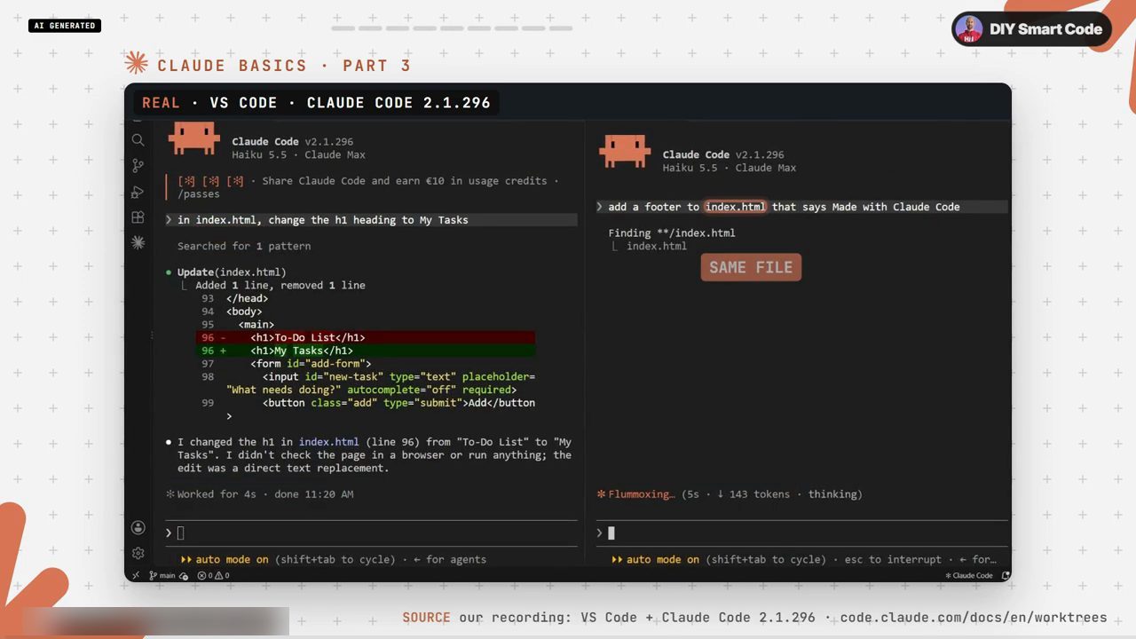 Hai session Claude Code 2.1.296 trong VS Code đặt cạnh nhau, cùng sửa index.html, nhãn SAME FILE