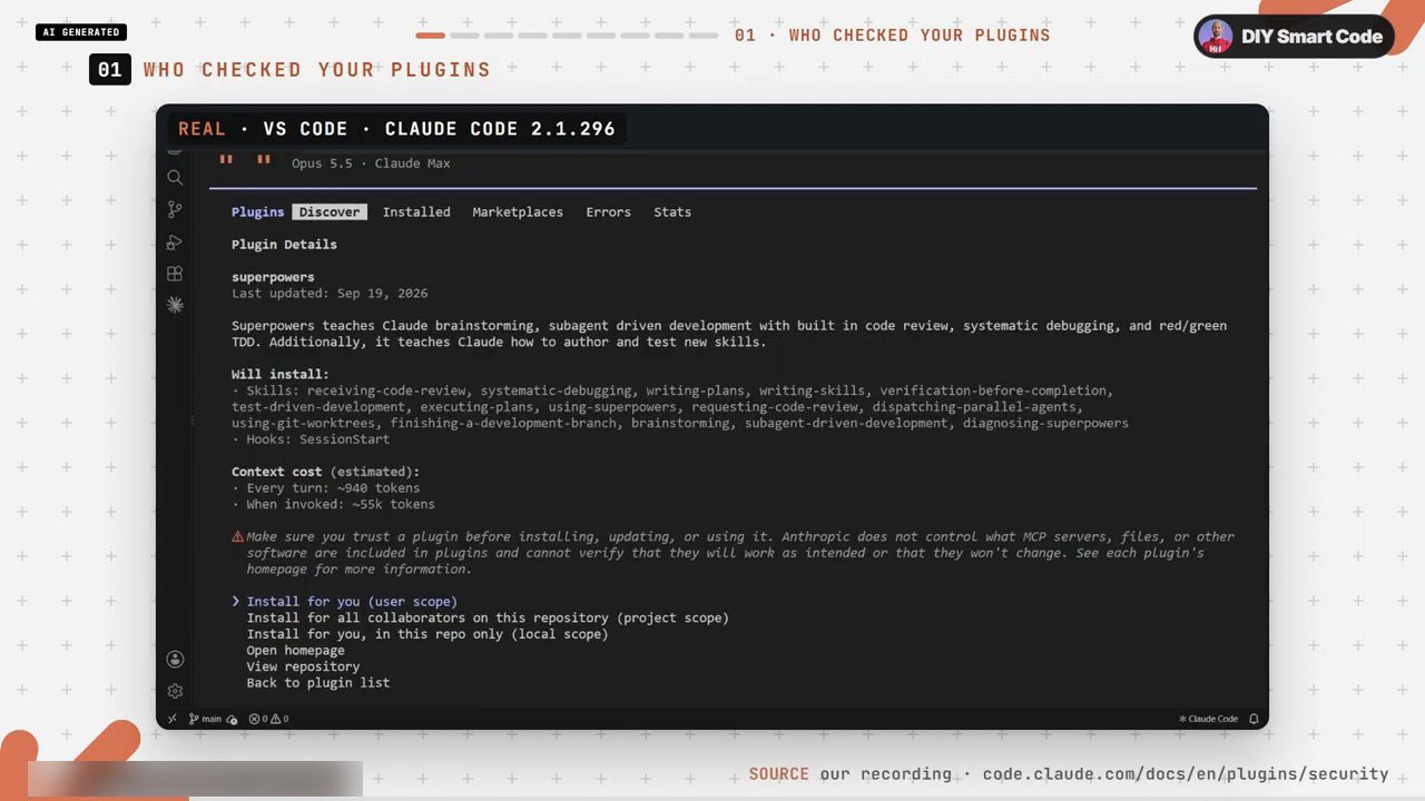 Trang Plugin Details của superpowers trong Claude Code 2.1.296: danh sách skill, Hooks SessionStart, context cost khoảng 940 token mỗi lượt và khoảng 55k khi gọi