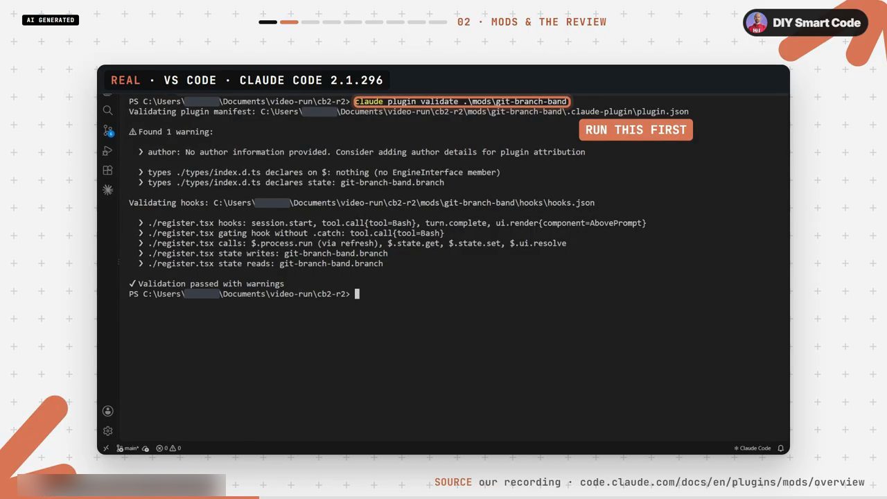Output của claude plugin validate cho mod git-branch-band: một cảnh báo về author, các hook và các lời gọi trong register.tsx, Validation passed with warnings