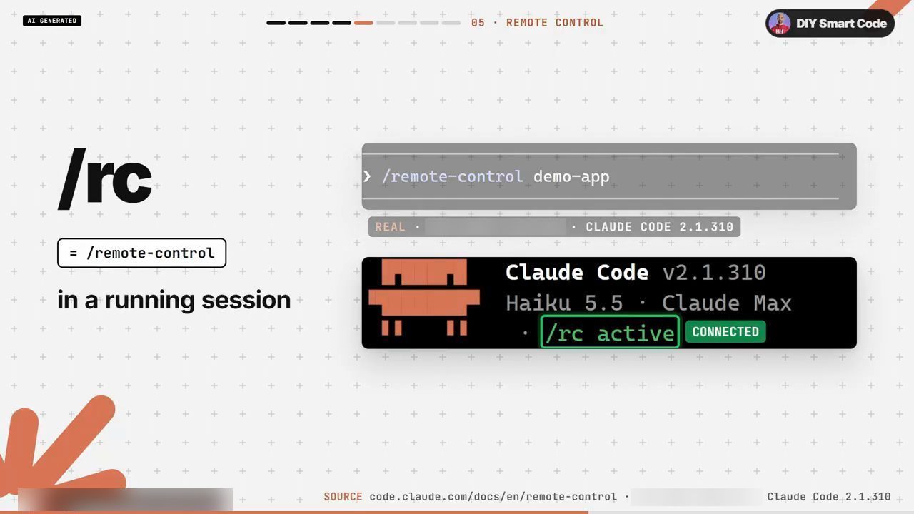 Slide /rc bằng /remote-control trong một session đang chạy; terminal gõ /remote-control demo-app, header Claude Code v2.1.310 Haiku 5.5 Claude Max với /rc active CONNECTED