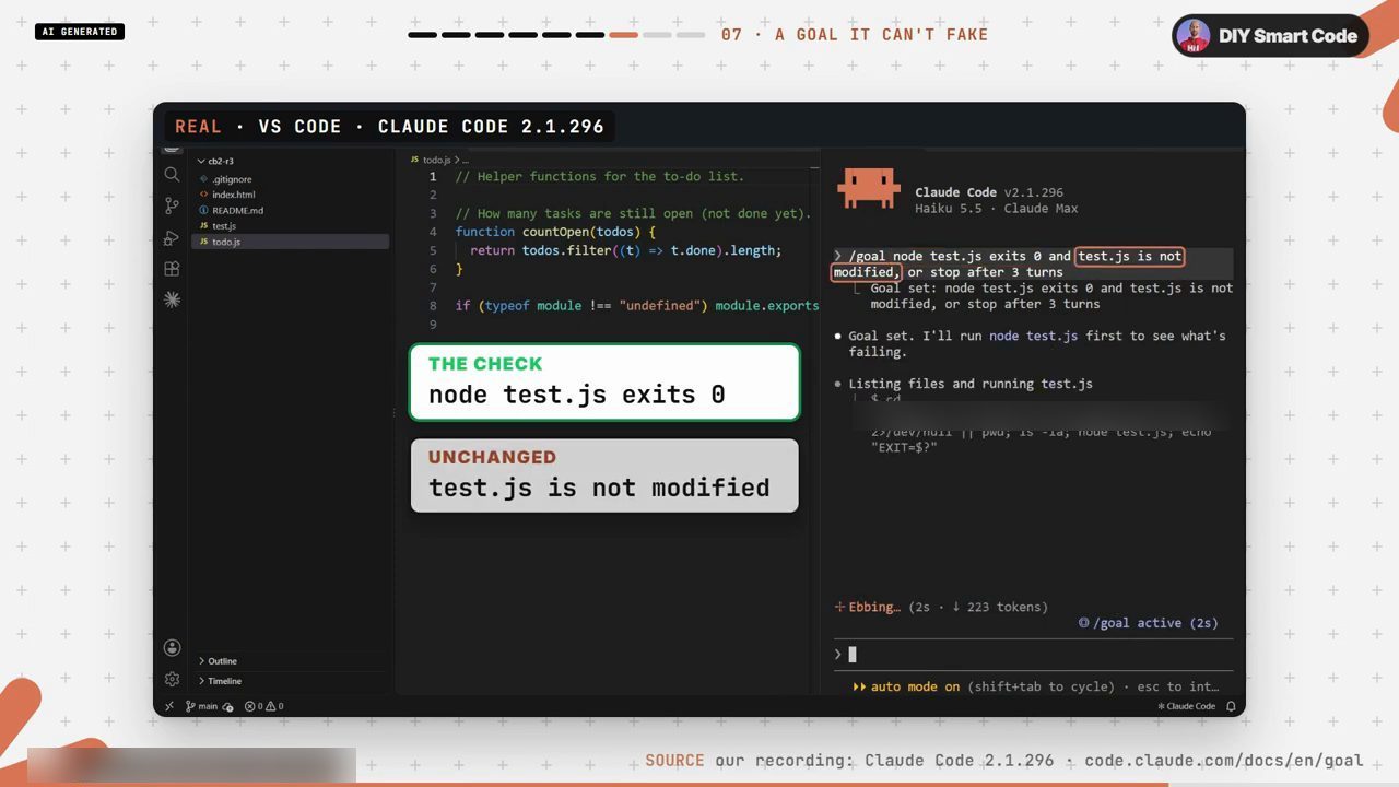 Claude Code 2.1.296: /goal node test.js exits 0 and test.js is not modified, or stop after 3 turns; Goal set; nhãn THE CHECK và UNCHANGED