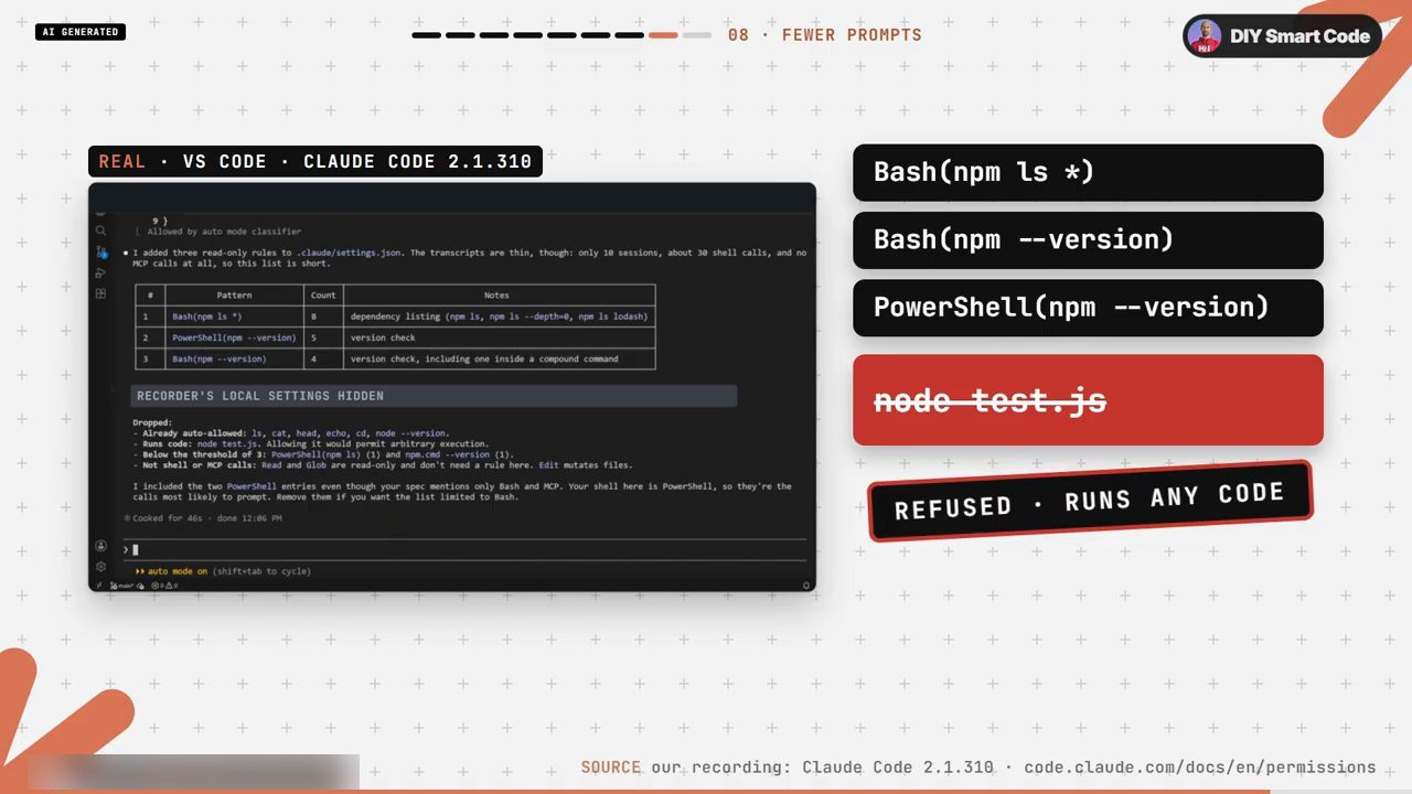Output của /fewer-permission-prompts trên Claude Code 2.1.310: bảng ba rule Bash(npm ls *), PowerShell(npm --version), Bash(npm --version) và danh sách Dropped; nhãn node test.js bị gạch, REFUSED RUNS ANY CODE