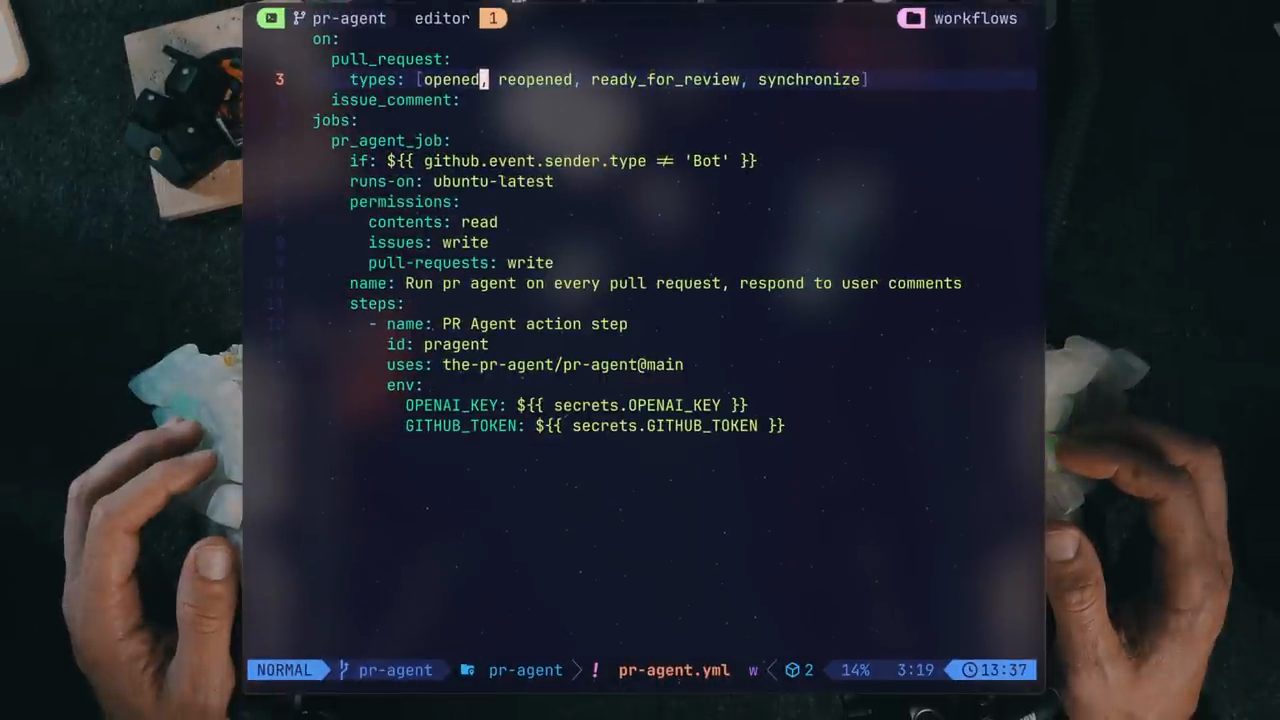 File pr-agent.yml mở trong editor terminal: trigger pull_request và issue_comment, job pr_agent_job dùng the-pr-agent/pr-agent@main