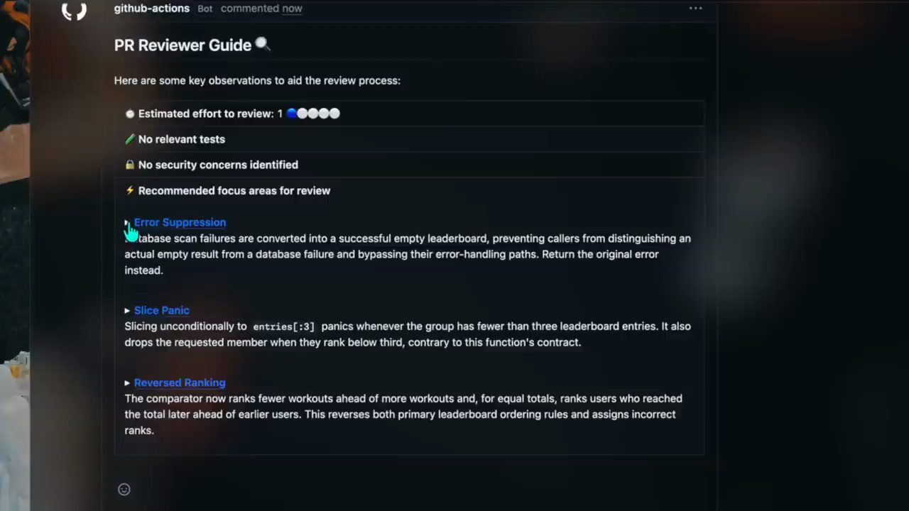 Comment PR Reviewer Guide của github-actions: Estimated effort to review 1, No relevant tests, No security concerns identified, và ba vùng cần chú ý Error Suppression, Slice Panic, Reversed Ranking