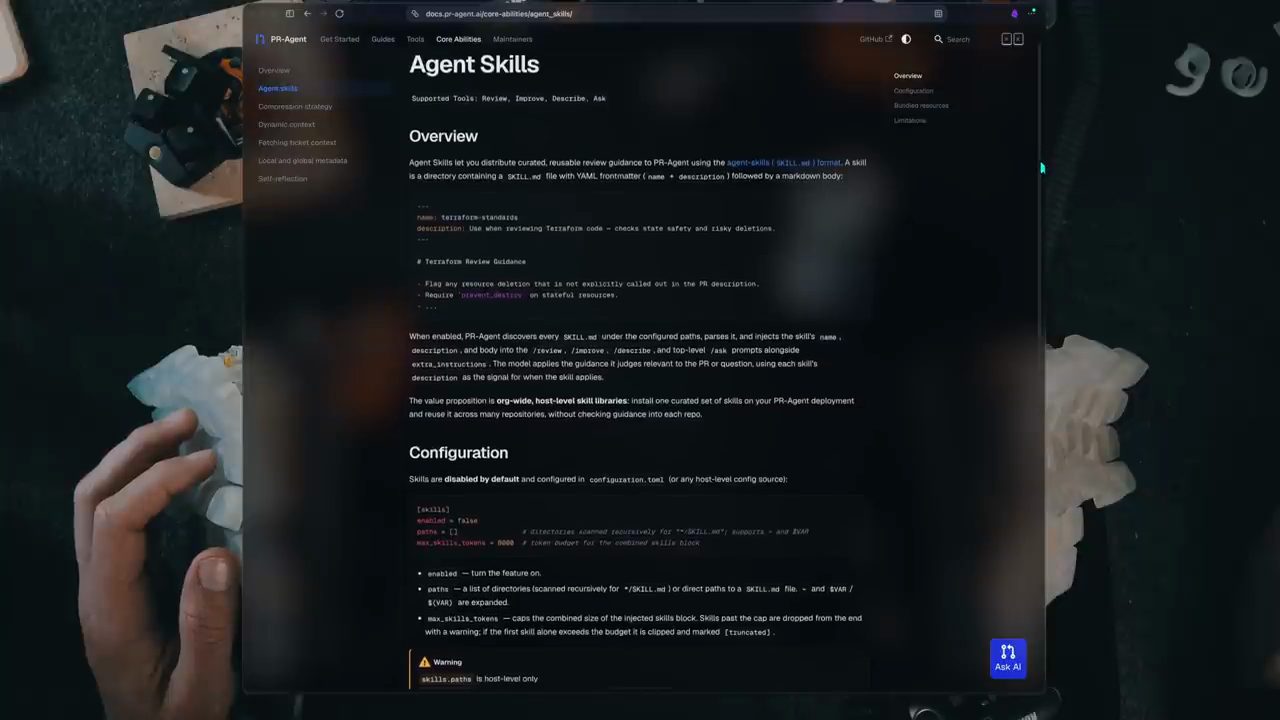 Trang Agent Skills trong docs PR-Agent: ví dụ skill terraform-standards và khối Configuration với enabled, paths, max_skills_tokens