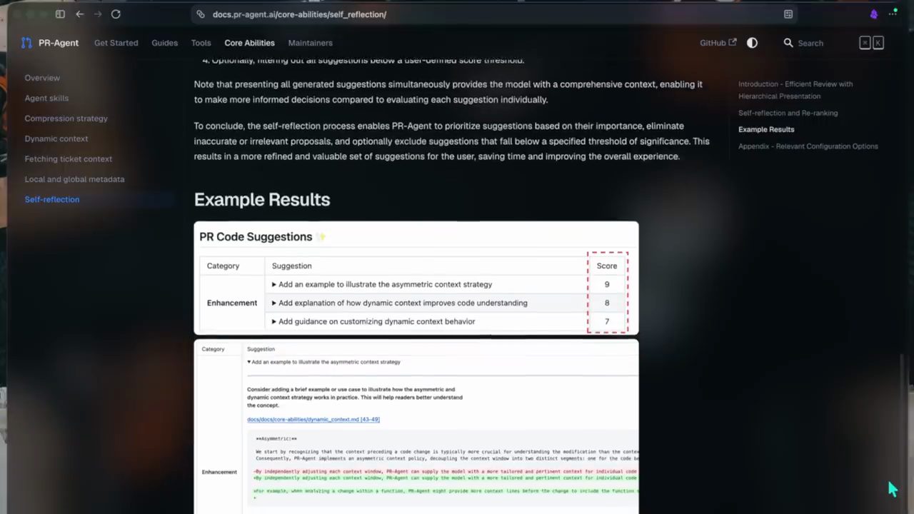 Trang Self-reflection trong docs PR-Agent, phần Example Results với bảng PR Code Suggestions có cột Score 9, 8, 7