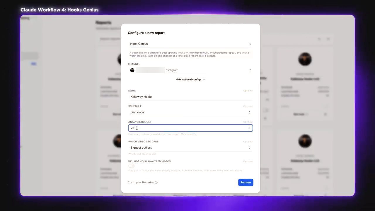 Hộp thoại Configure a new report với Hook Genius, các ô Channel, Name, Schedule, Analysis budget, Which videos to grab
