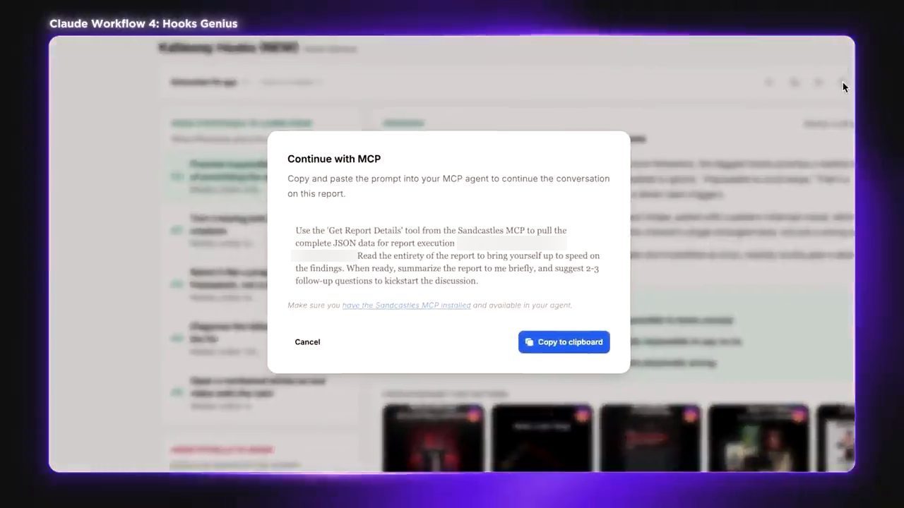 Hộp thoại Continue with MCP với prompt để dán vào agent và nút Copy to clipboard