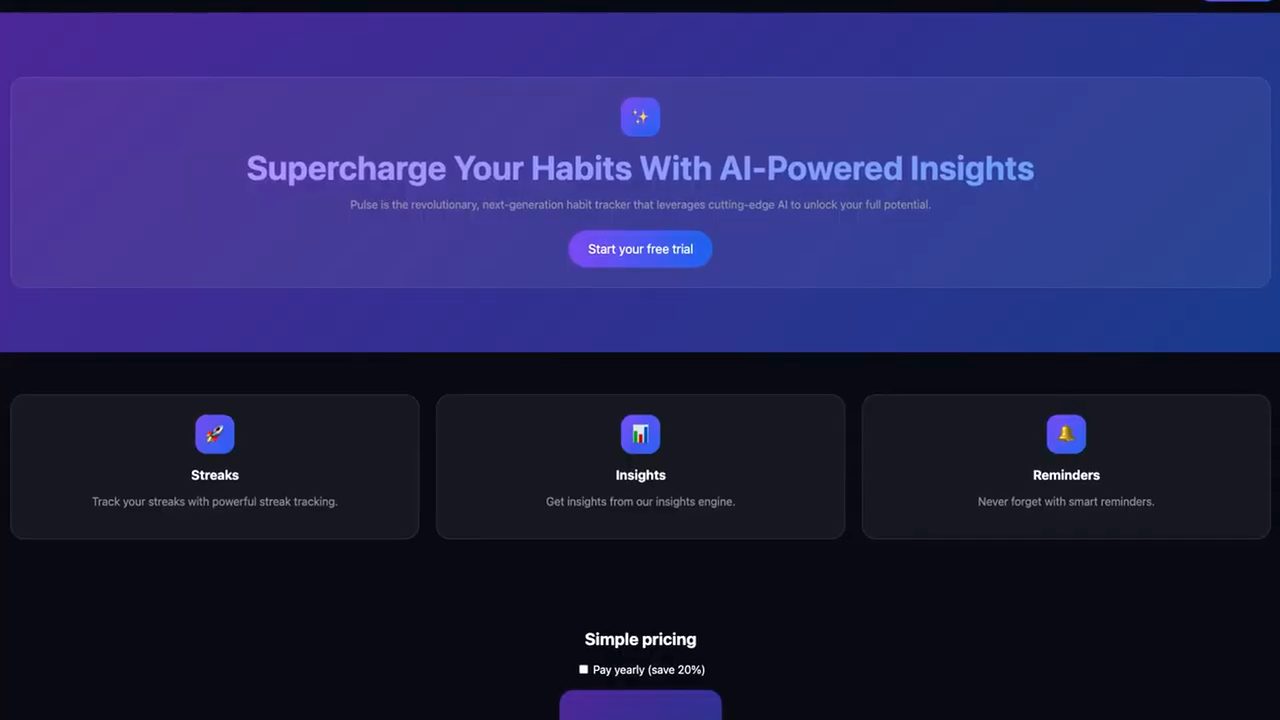 Landing page Pulse bản đầu với tiêu đề gradient tím và ba thẻ Streaks, Insights, Reminders