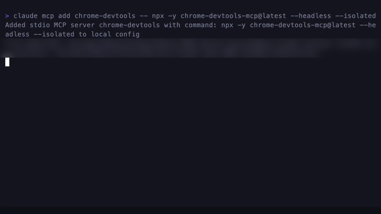 Terminal báo đã thêm stdio MCP server chrome-devtools