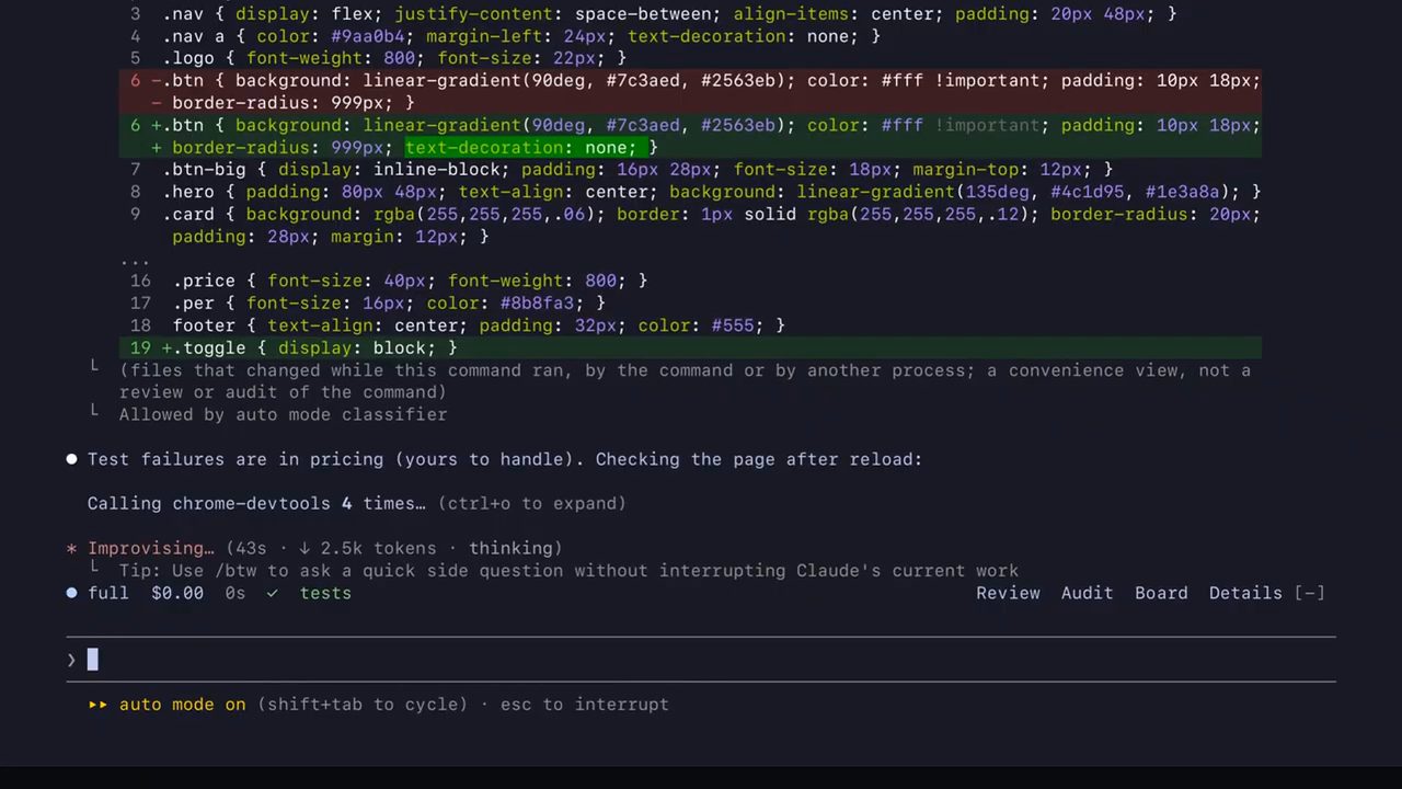 Claude Code sửa CSS rồi gọi chrome-devtools để kiểm tra trang