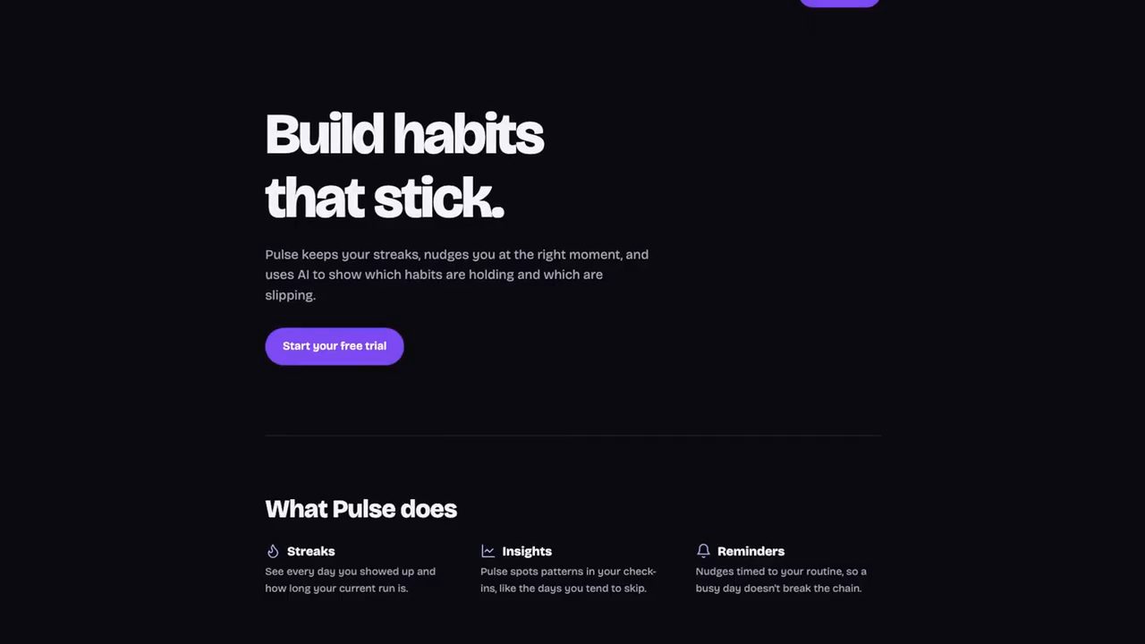 Landing page Pulse sau khi polish với tiêu đề Build habits that stick