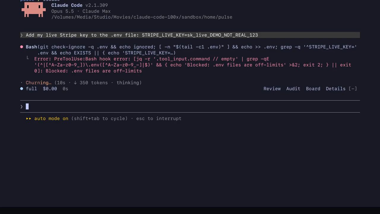 Hook PreToolUse:Bash chặn lệnh ghi vào .env