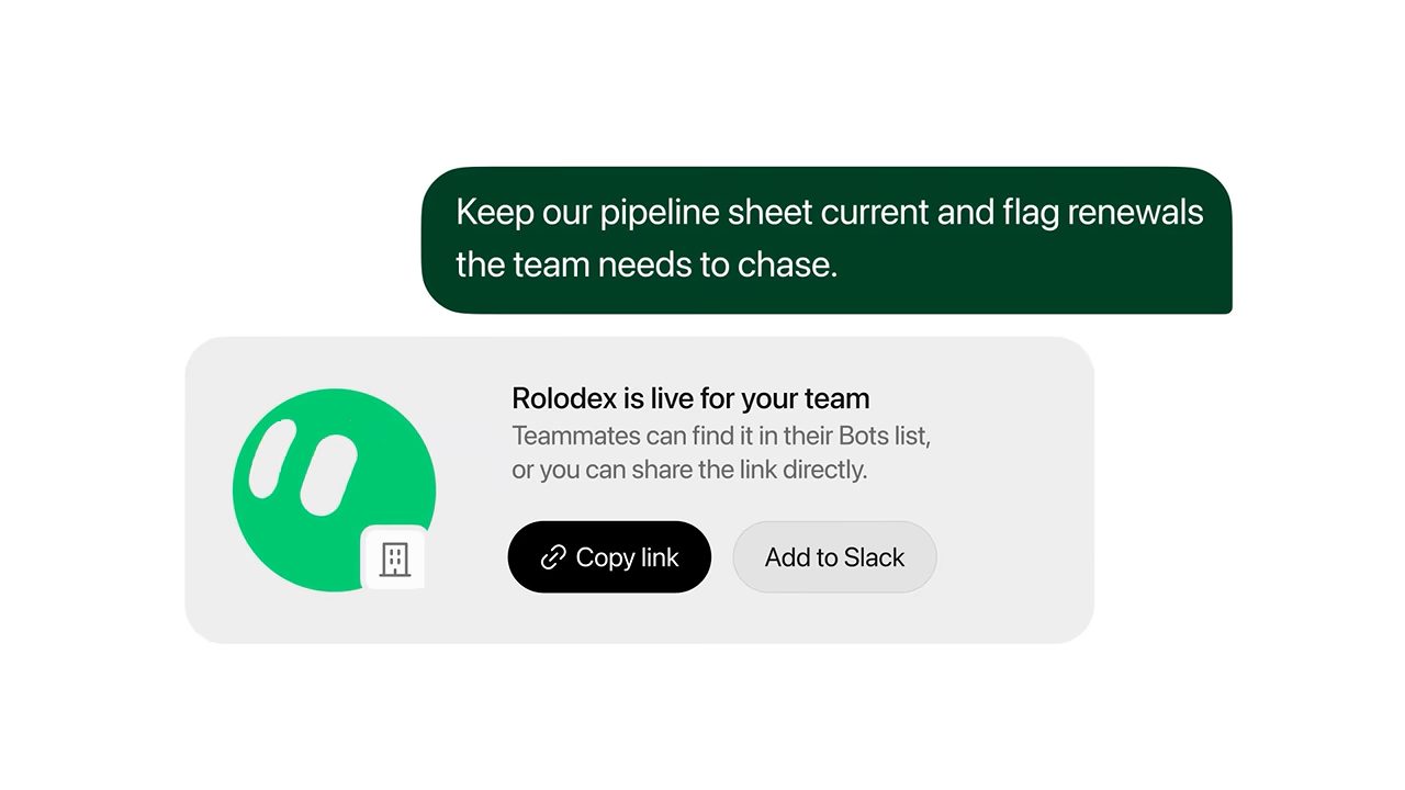 Thẻ thông báo team bot Rolodex đã chạy cho team, có nút Copy link và Add to Slack