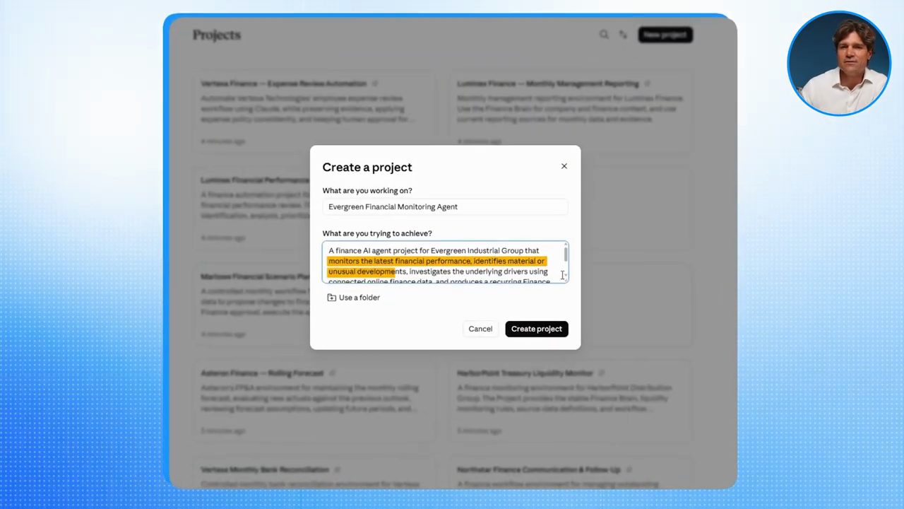 Hộp thoại Create a project với tên Evergreen Financial Monitoring Agent và mô tả mục tiêu