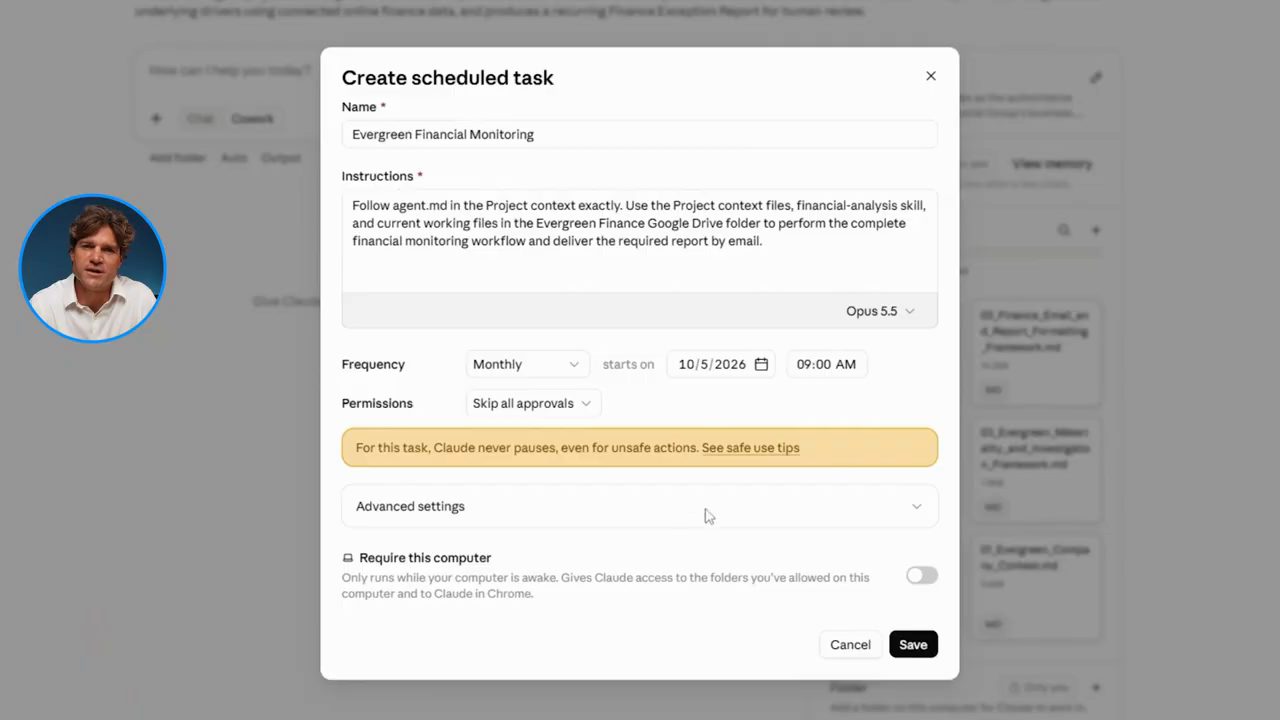 Hộp thoại Create scheduled task: tên, instructions, Opus 5.5, Monthly, 10/5/2026 09:00 AM, Skip all approvals