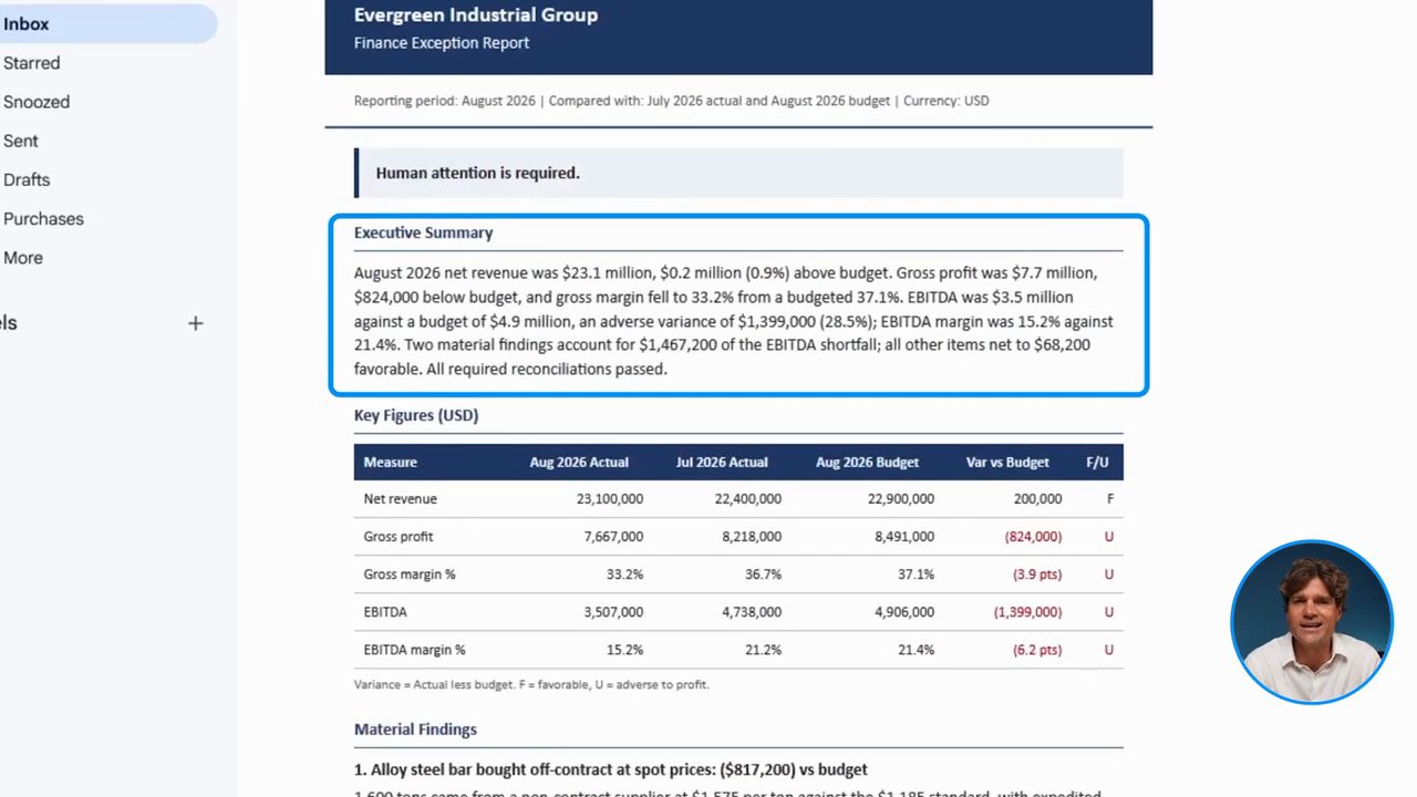Email Finance Exception Report với Executive Summary và bảng Key Figures