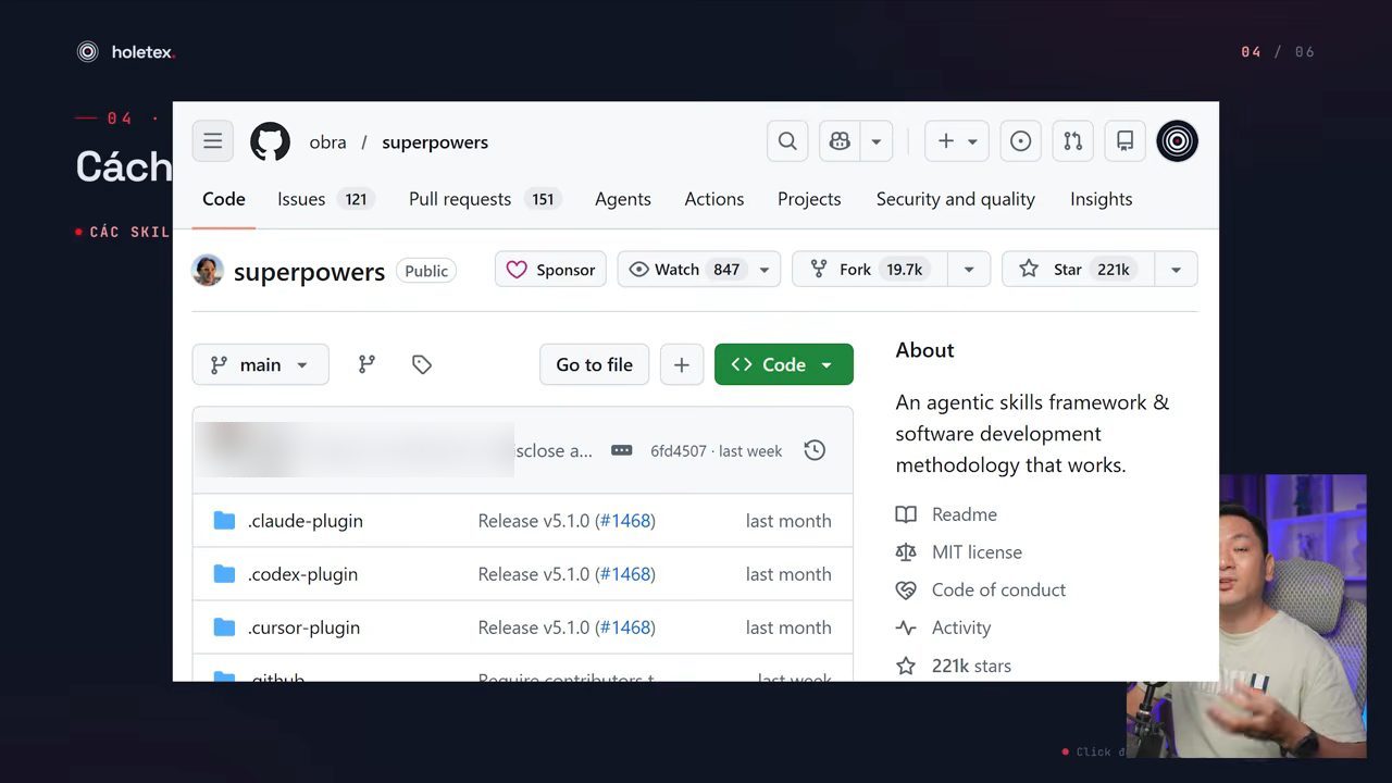 Trang GitHub của repo obra/superpowers với 221k star, mô tả An agentic skills framework and software development methodology that works