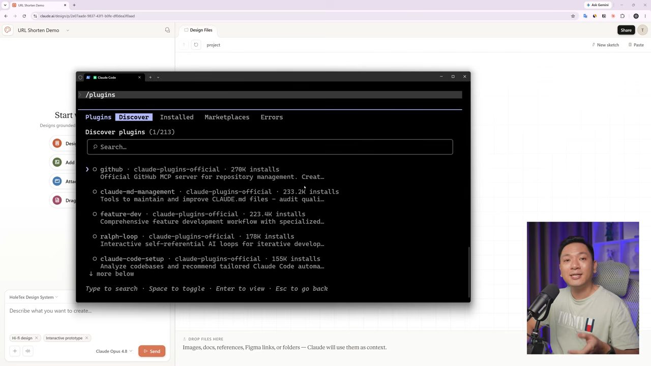 Tab Discover của lệnh /plugins trong Claude Code, liệt kê github, claude-md-management, feature-dev, ralph-loop, claude-code-setup kèm số lượt cài