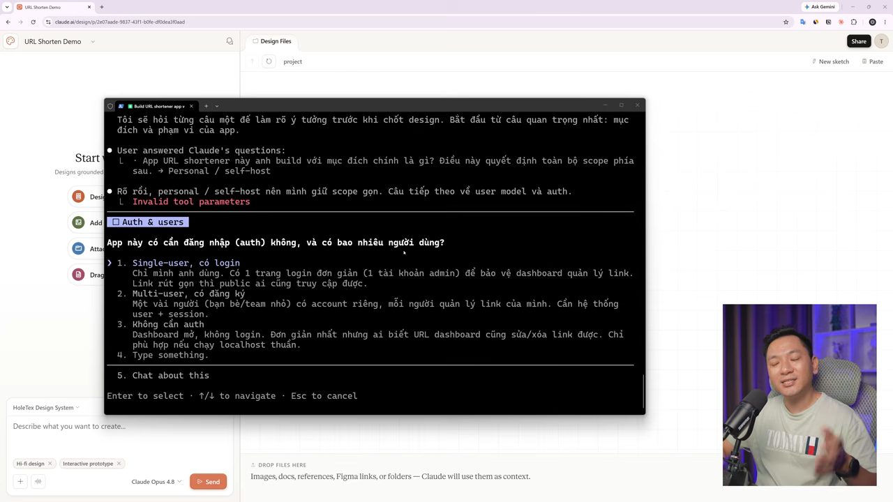 Câu hỏi Auth và users của skill brainstorming với bốn lựa chọn