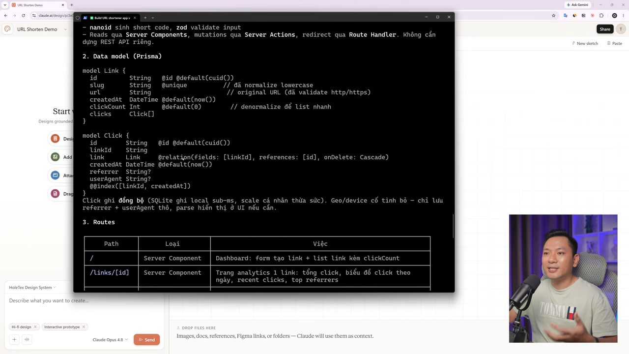 Phần Data model Prisma với model Link và model Click, và bảng Routes