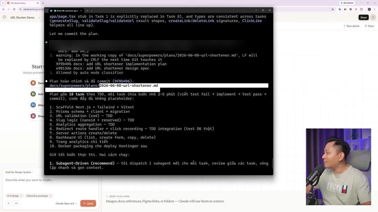 Claude commit implementation plan và liệt kê 10 task theo TDD