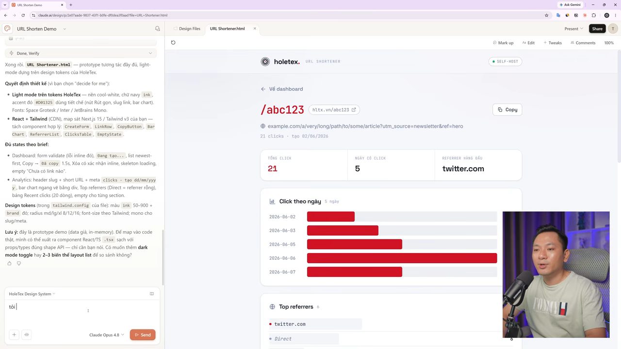 Claude Design hiển thị prototype trang analytics của link /abc123 với tổng click, biểu đồ click theo ngày và top referrers