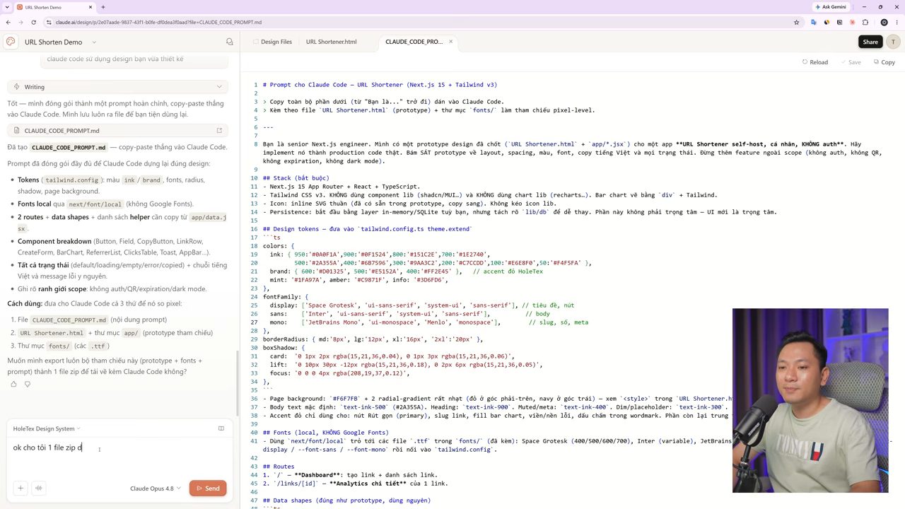 File CLAUDE_CODE_PROMPT.md trong Claude Design với stack, design tokens và fonts, cùng câu hỏi xuất file zip