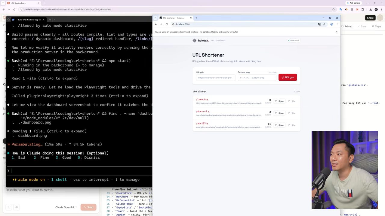 Claude Code chạy npm start, gọi plugin Playwright và mở dashboard URL Shortener trên localhost:3000