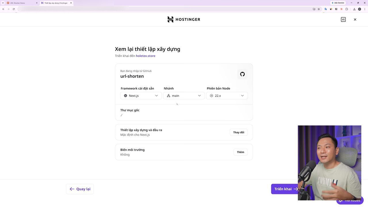 Hostinger, màn hình Xem lại thiết lập xây dựng cho repo url-shorten với framework Next.js, nhánh main, Node 22.x
