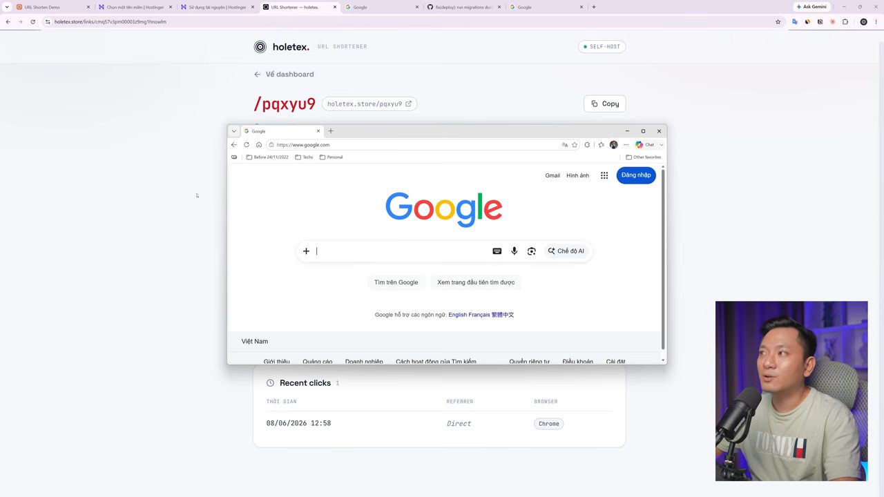 Trang analytics của link /pqxyu9 trên holetex.store, với cửa sổ Google mở ra sau khi redirect và bảng Recent clicks ghi Chrome