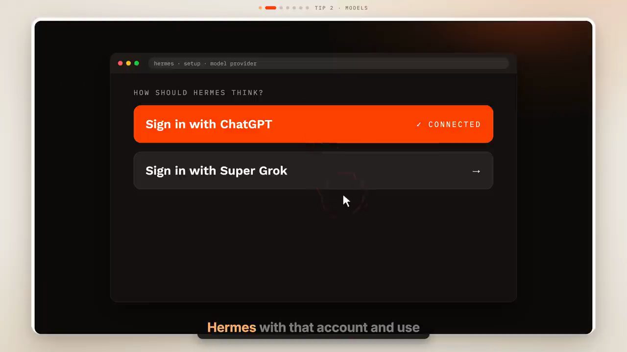 Màn hình hermes setup model provider với hai lựa chọn Sign in with ChatGPT và Sign in with Super Grok