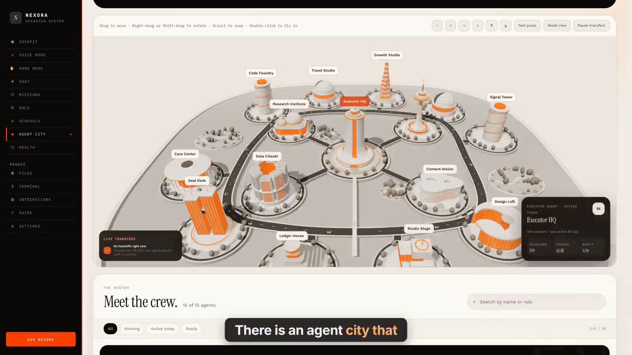 Agent City trong Nexora: một thành phố 3D với các toà nhà Executor HQ, Research Institute, Code Foundry, Content Atelier
