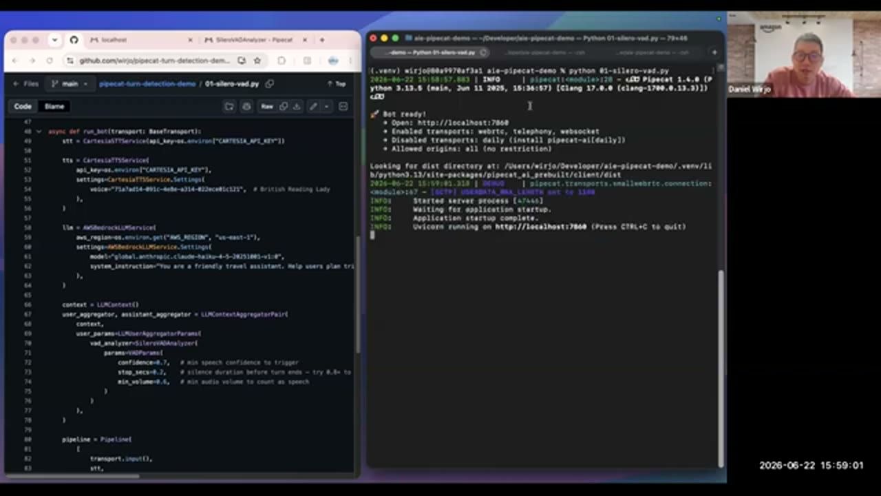 Code của 01-silero-vad.py bên cạnh terminal đang chạy bot