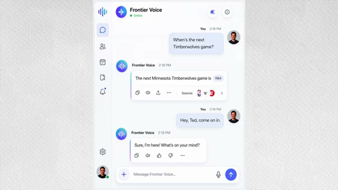 Giao diện chat Frontier Voice với câu hỏi về trận Timberwolves và câu Hey, Ted, come on in