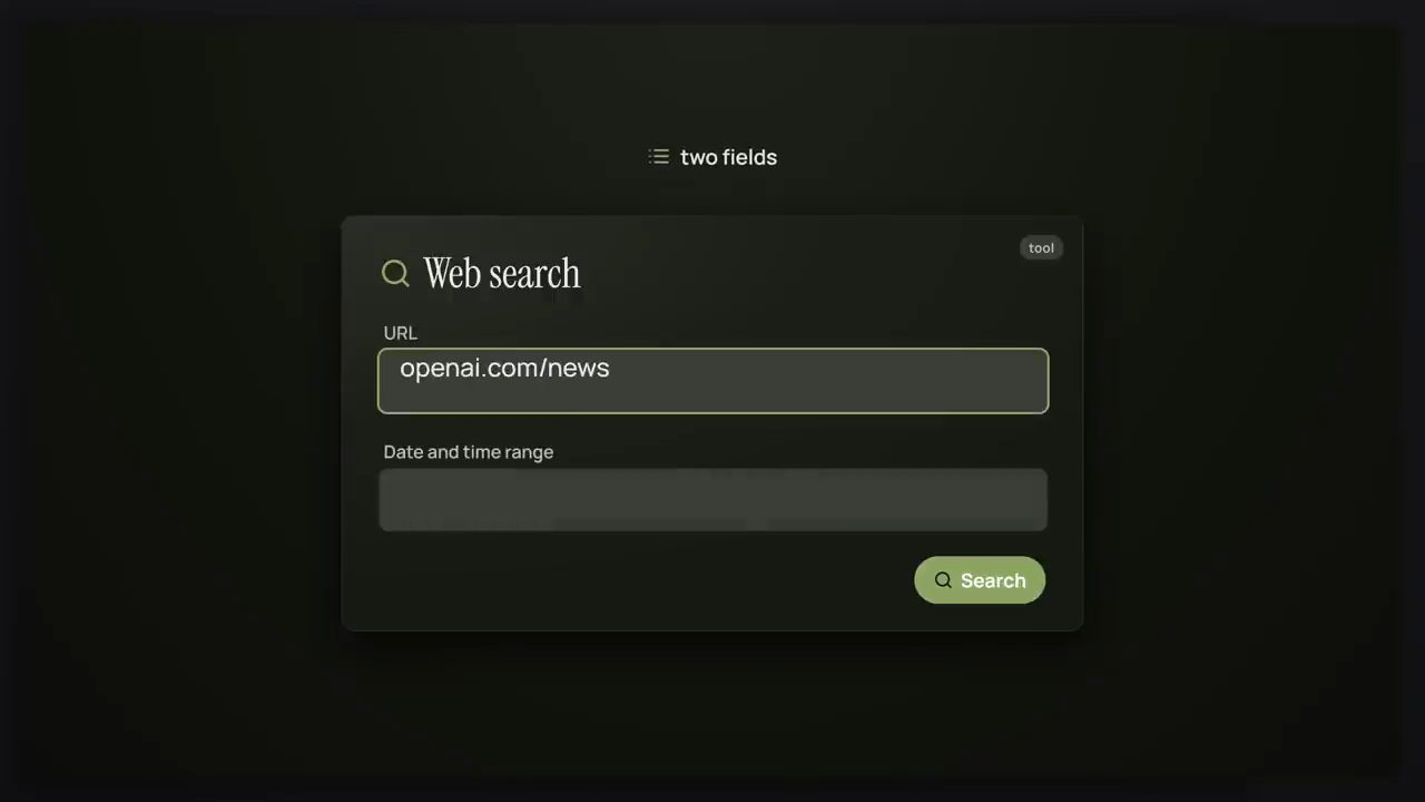 Một tool Web search với hai trường URL điền openai.com/news và Date and time range, nút Search