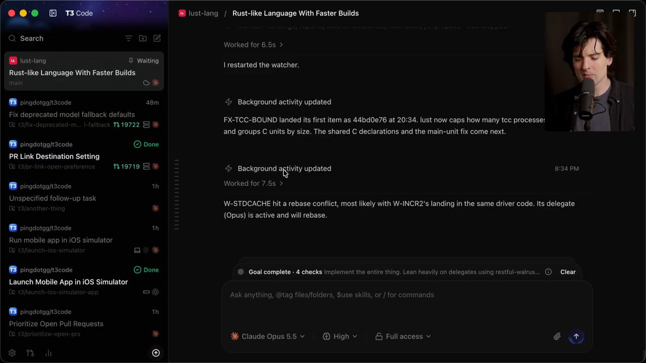 App T3 Code mở thread Rust-like Language With Faster Builds của project lust-lang, model Claude Opus 5.5