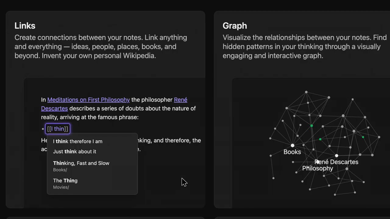 Trang web Obsidian: hai thẻ Links và Graph, một note về Descartes đang gõ link [[I thin]] và một graph các note nối nhau
