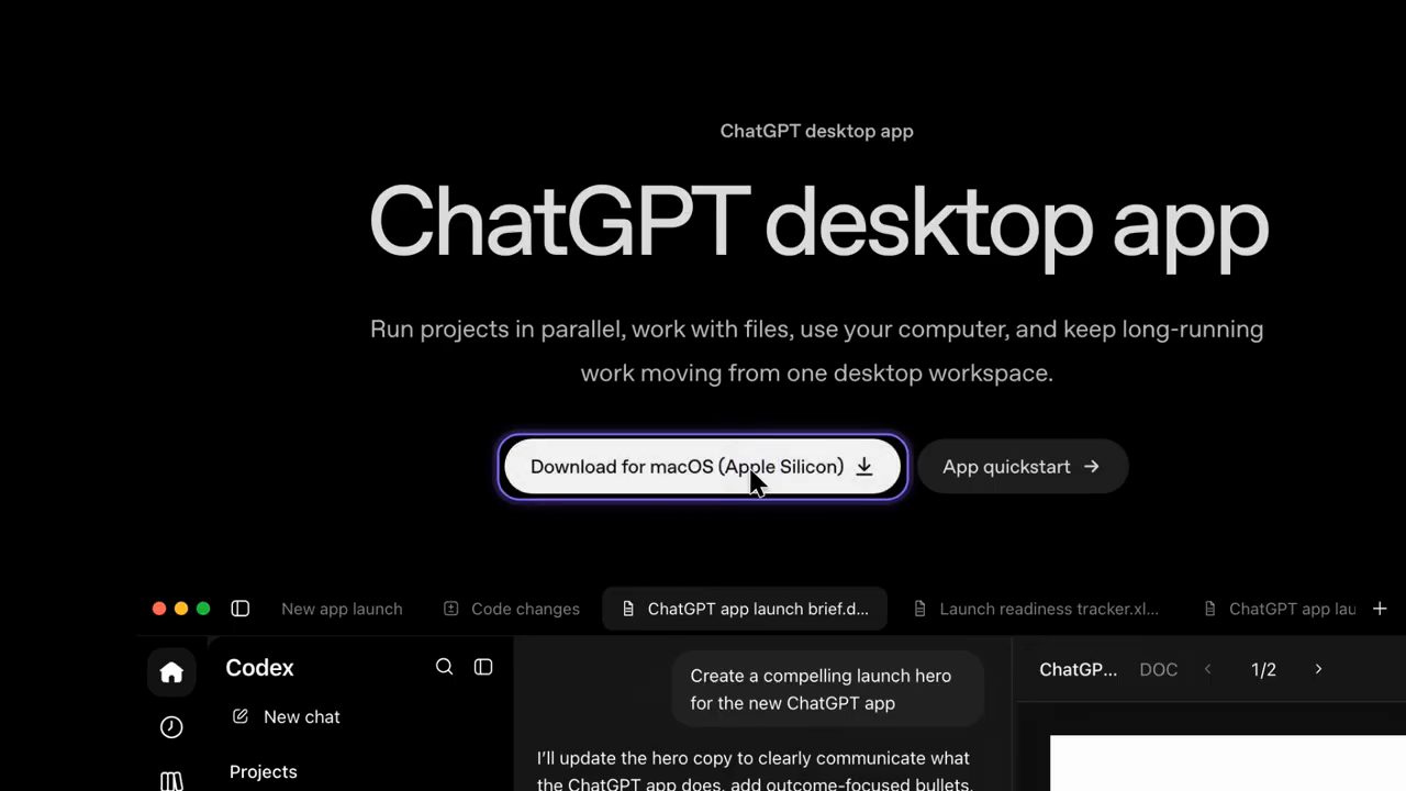 Trang ChatGPT desktop app với nút Download for macOS (Apple Silicon) và App quickstart, bên dưới là ảnh giao diện Codex