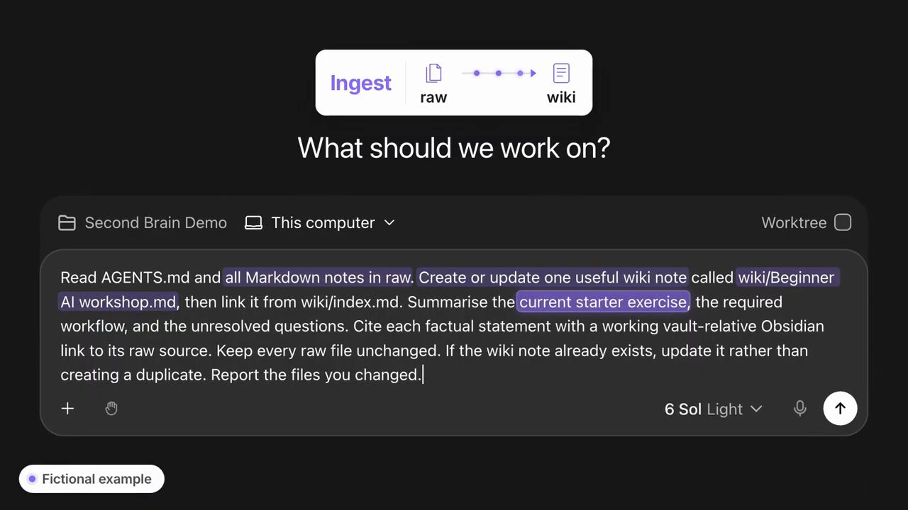 Ô nhập Codex với ingest prompt, phía trên là thẻ Ingest raw sang wiki