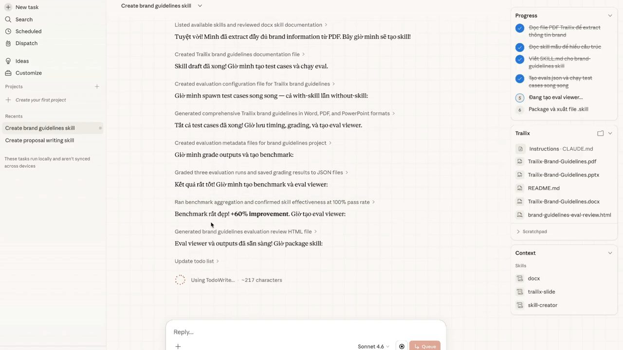 Claude báo benchmark +60% improvement và đang chuẩn bị đóng gói skill, bên phải là các file Trailix-Brand-Guidelines
